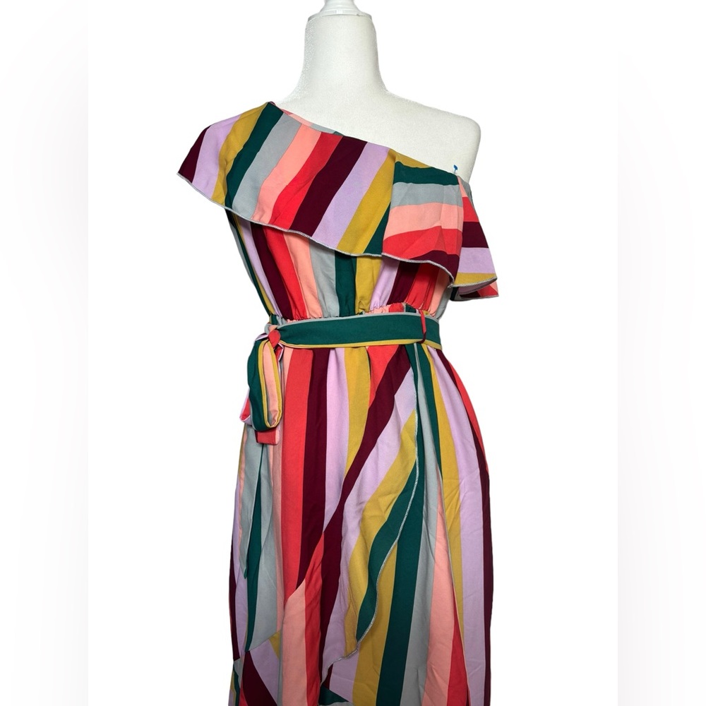 VICI One Shoulder Ruffle Rainbow Midi Dress small - Picture 3 of 16